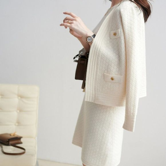 Knit Jacquard Jacket Dress | Office Sweater Dress - Picture 4 of 9